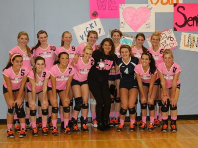 My sister Lisa Vanden Heuvel, sporting an FVL Dig Pink shirt, being honored by Lakeside Lutheran.